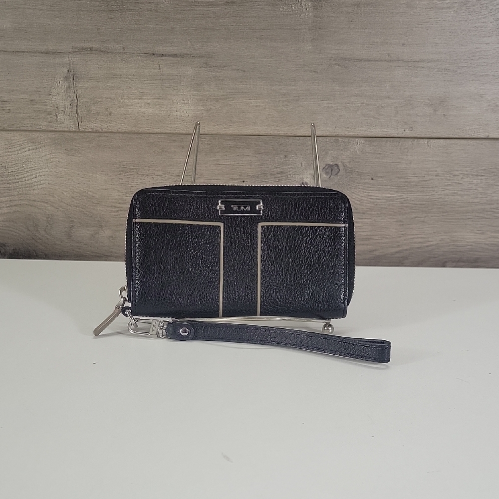 Tumi Black Leather Wristlet with Silver Trim